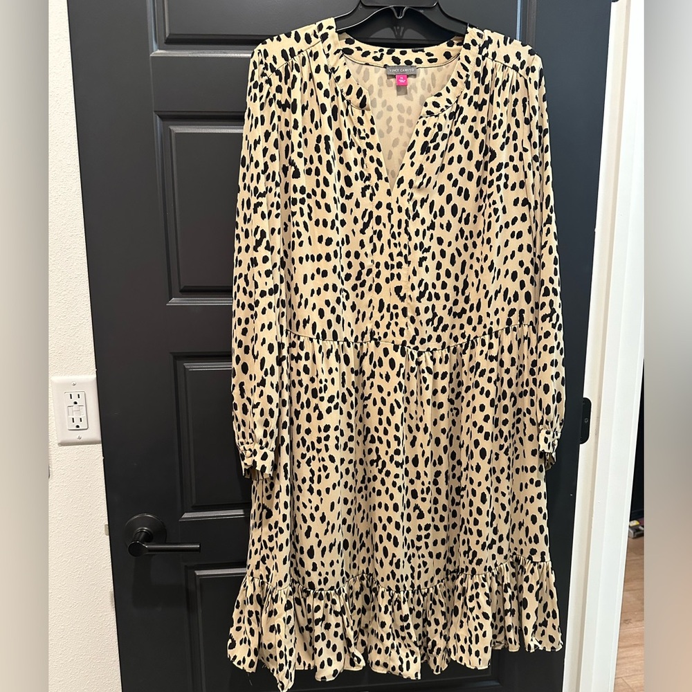 Vince Camino Tiered Long Sleve Split Neck Dress - Leopard Print